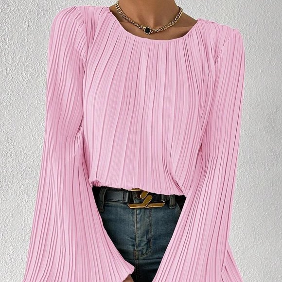 . Tops - Baby Pink Boho Womens Solid Lettuce Trim Plisse Trumpet Sleeve Blouse